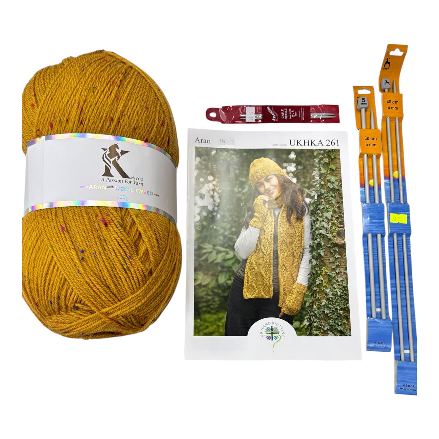 Knit Kit: Cable Beanie, Scarf and Fingerless Gloves ARAN